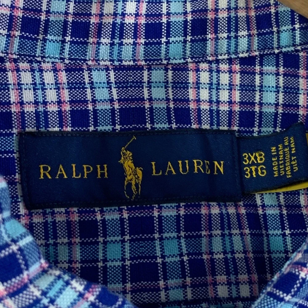 Polo Ralph Lauren Oxford Shirt Men 3XB Plaid Blue Short Sleeve Cotton Oversize